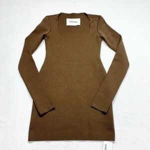 Nanushka Square Neck Knit Mini Dress Womens Size S Brown Long Sleeve Recycled